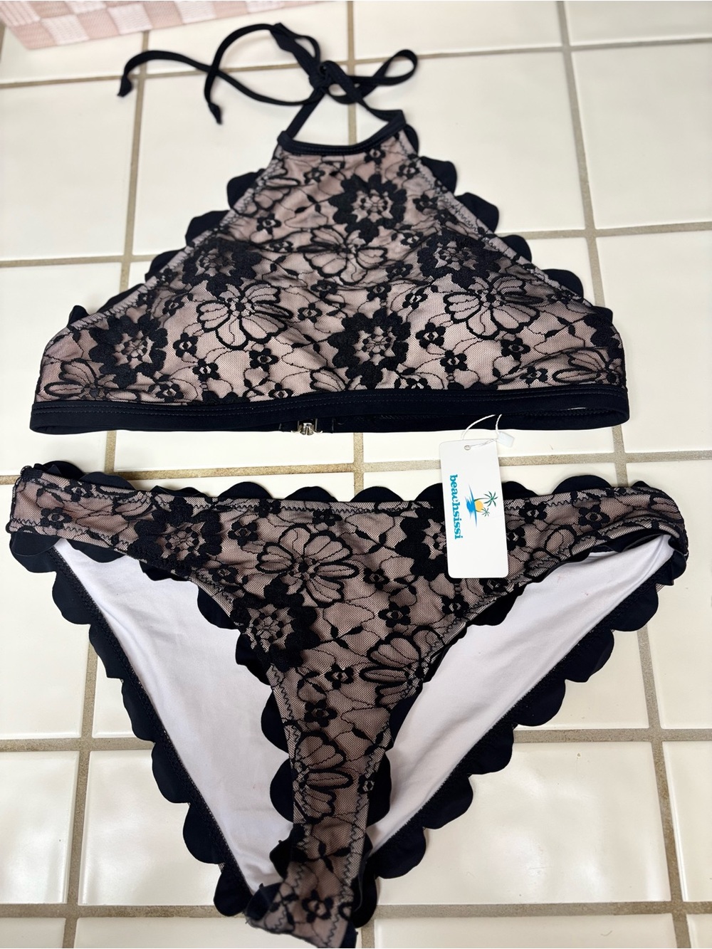 Black Lace Overlay Halter Style Bikini Set - Black & Nude fits size M/L NWT